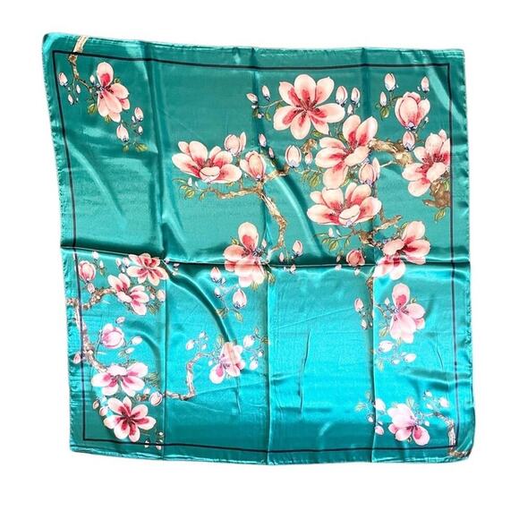2/$24 NEW Teal Blue Aqua Floral Pink Flower Printed Silky Fashion Scarf - Picture 5 of 11